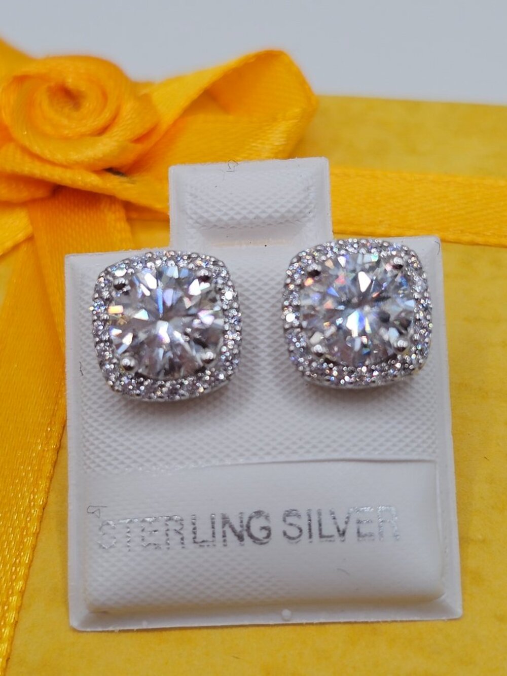 Sterling Silver 925 Rhodium Plated Moissanite Cushion Halo 9.5mm Stud Earrings